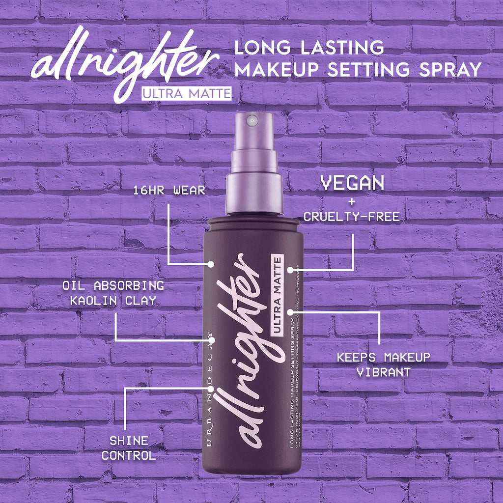 ⭐ Urban Decay All Nighter Ultra Matte Setting Spray – Puede dejar gotas blancas por su contenido de arcilla de caolín